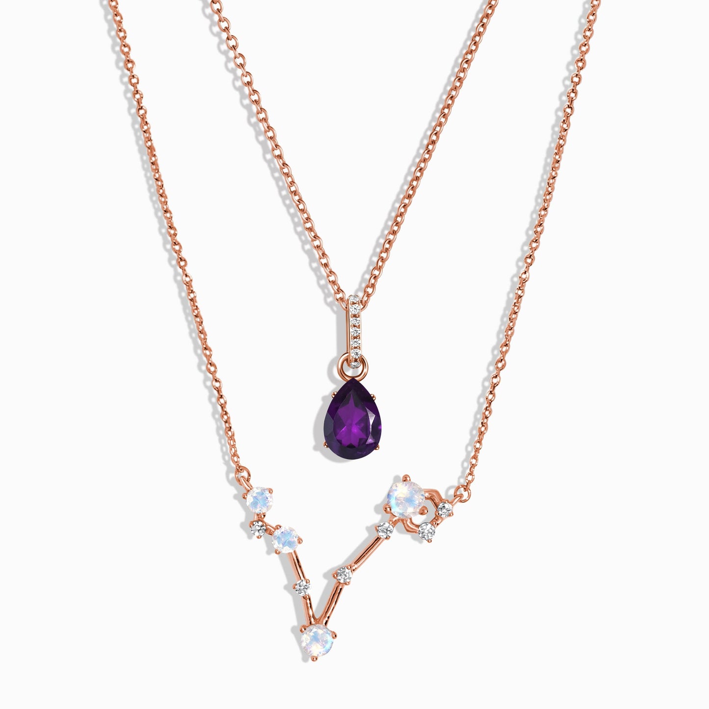 Pisces zodiac and February birthstone necklace set rose gold studio shot