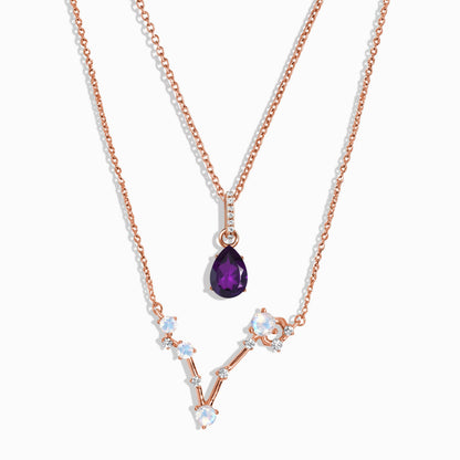 Pisces zodiac and February birthstone necklace set rose gold studio shot