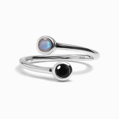 Adjustable Black Obsidian Labradorite Ring - Evolve - sterling silver