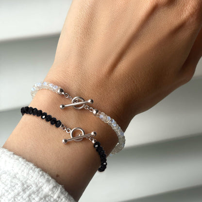 Moonstone Black Obsidian Vibrations Bracelets - sterling silver on wrist