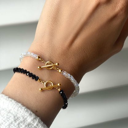 Moonstone Black Obsidian Vibrations Bracelets - yellow gold vermeil on wrist