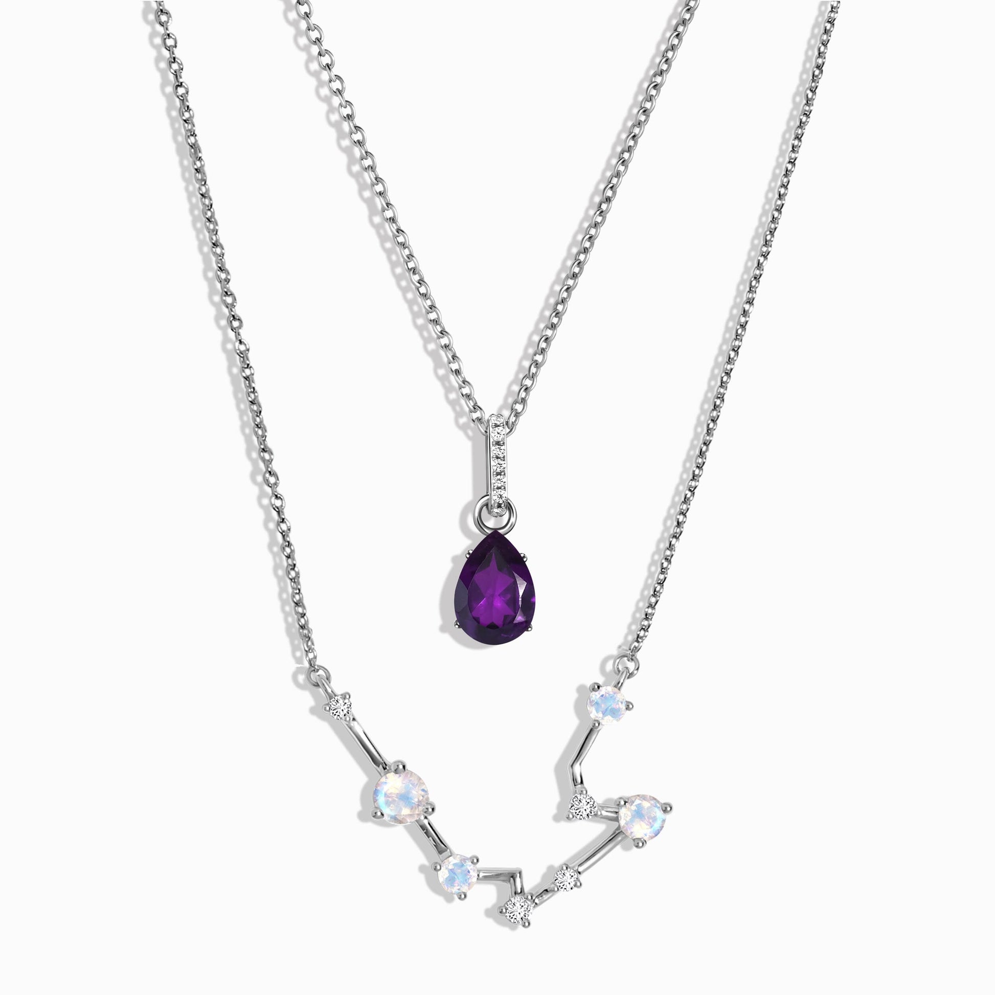 Aquarius zodiac and February birthstone necklace set silver studio shot