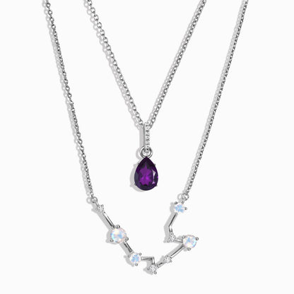 Aquarius zodiac and February birthstone necklace set silver studio shot