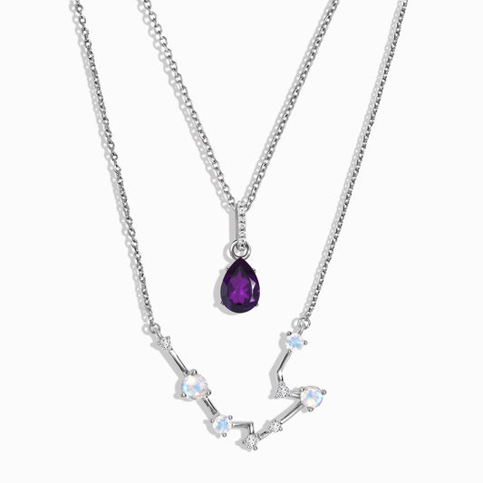Aquarius zodiac and February birthstone necklace set silver studio shot