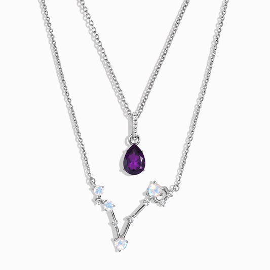 Pisces zodiac and February birthstone necklace set silver studio shot