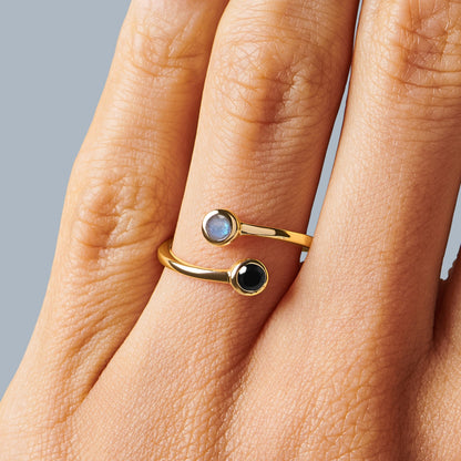 Adjustable Black Obsidian Labradorite Ring - Evolve - yellow gold vermeil on hand