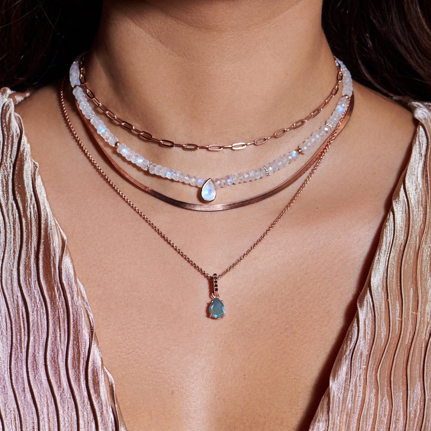 Labradorite Black Spinel Necklace - Sway - rose gold detail