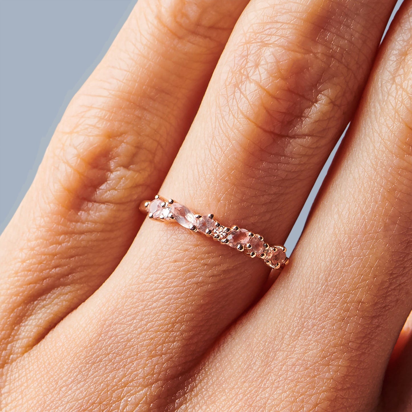 Rose Quartz White Zircon Ring - Grace, rose gold detail