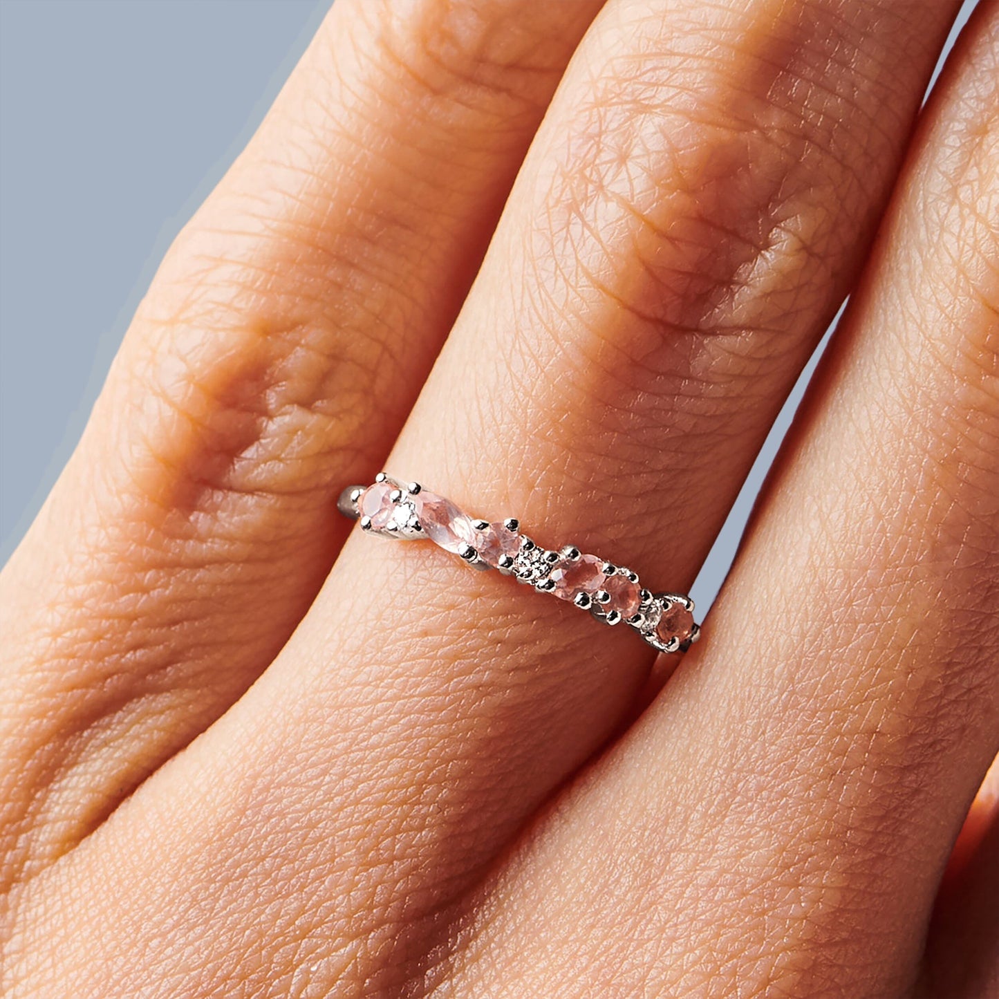 Rose Quartz White Zircon Ring - Grace, silver angle