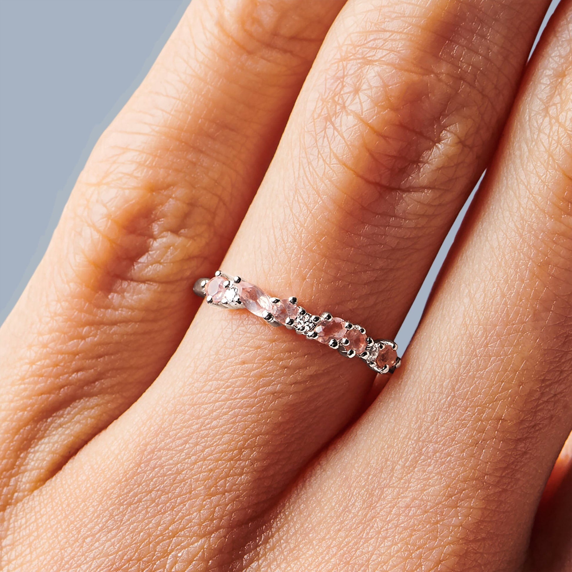 Rose Quartz White Zircon Ring - Grace, silver angle