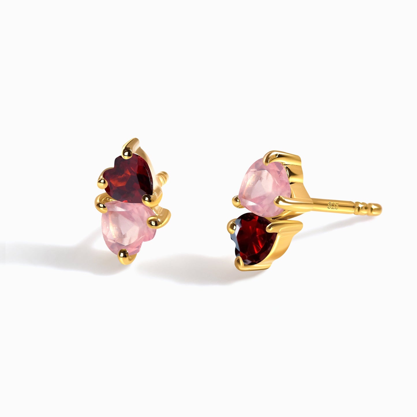 Rose Quartz & Garnet Earrings - Floating Hearts - yellow gold