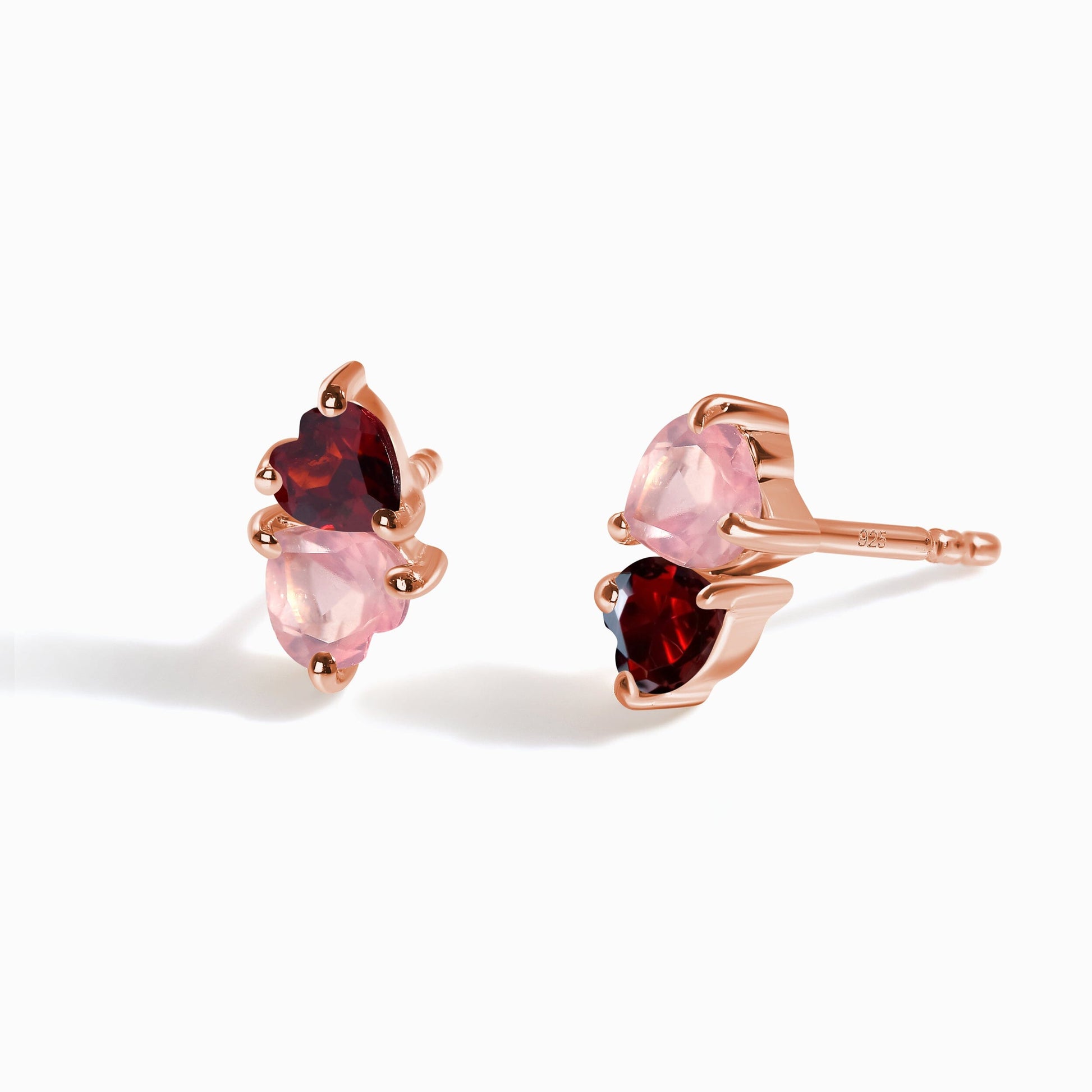 Rose Quartz & Garnet Earrings - Floating Hearts - rose gold