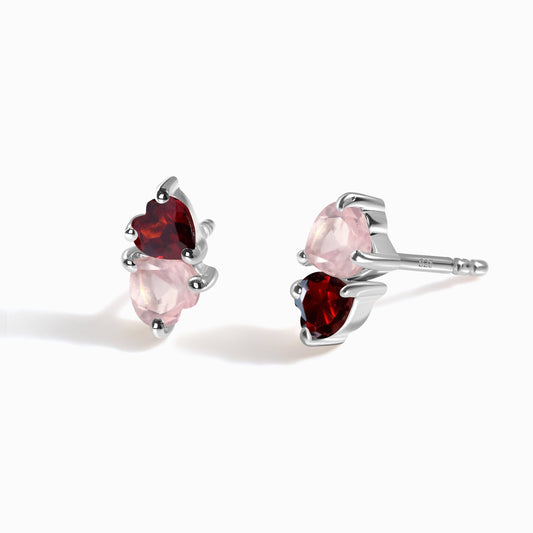 Rose Quartz & Garnet Earrings - Floating Hearts - white rhodium