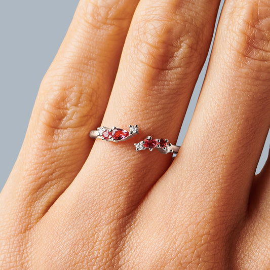 Adjustable Ruby Ring Flourish - silver worn