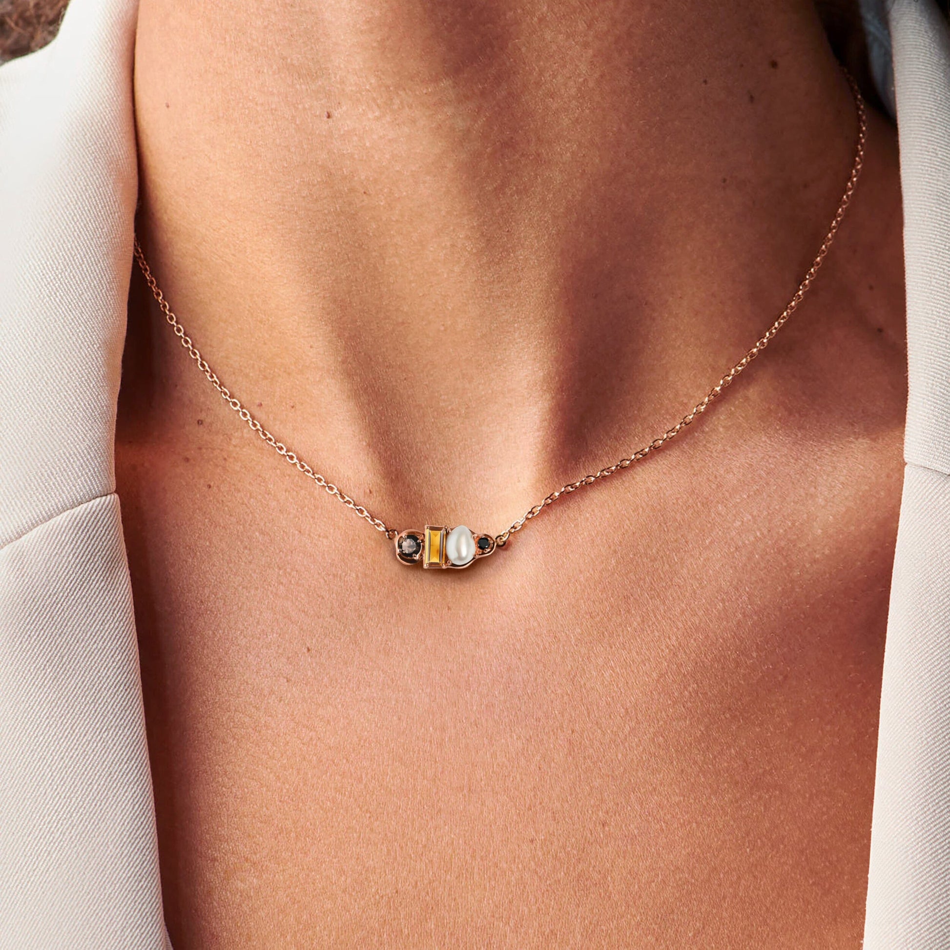 Madeira Citrine Pearl Necklace Treasure - rose gold detail