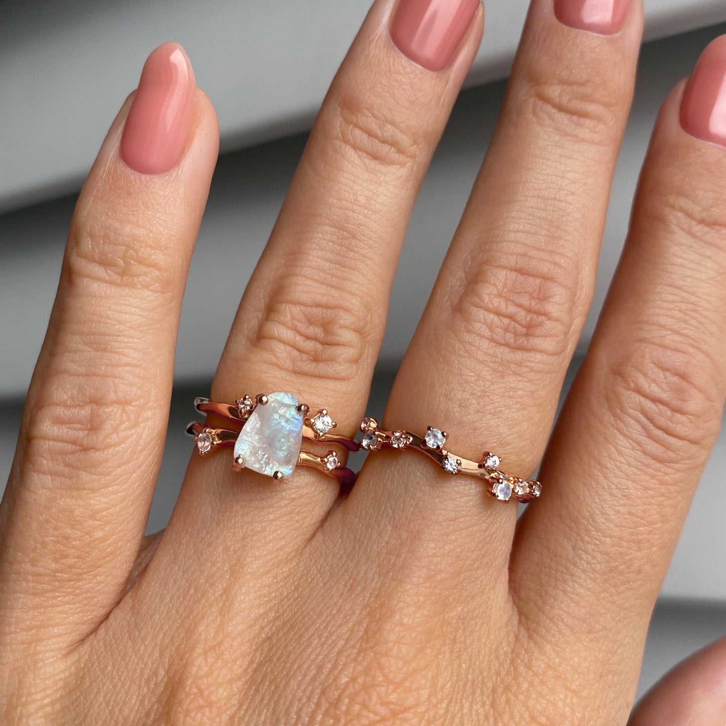 Moonstone Lab Diamond Flow Stardust Rings - rose gold worn