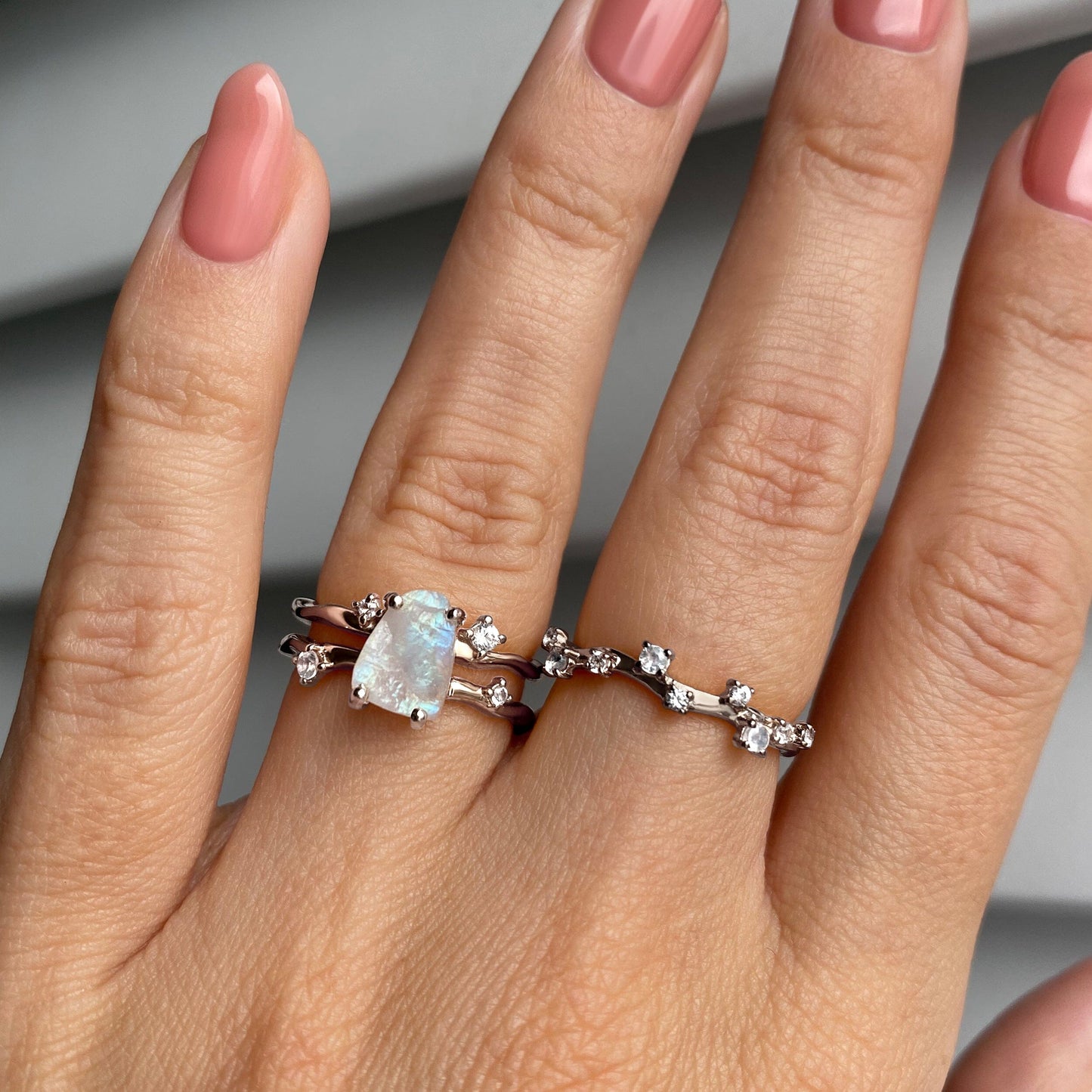 Moonstone Lab Diamond Flow Stardust Rings - sterling silver worn