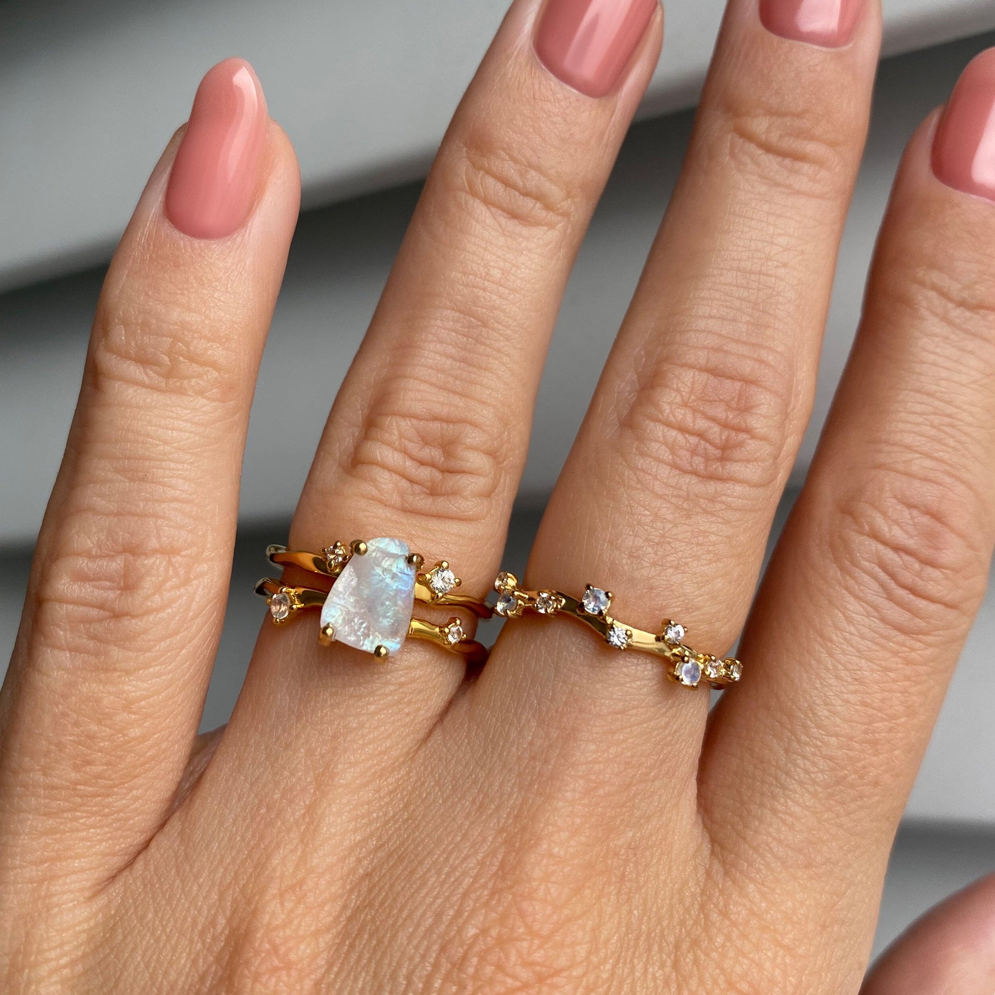 Moonstone Lab Diamond Flow Stardust Rings - yellow gold worn