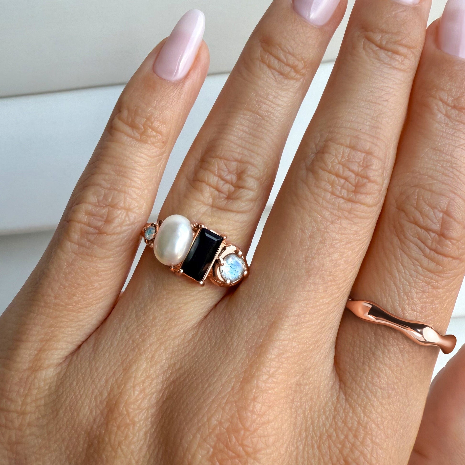 Black Obsidian Treasure & Magma Rings - rose gold worn
