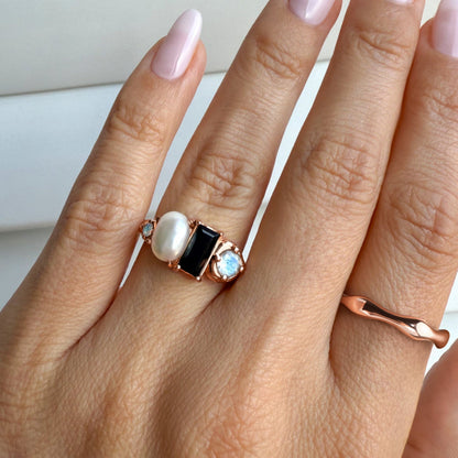 Black Obsidian Treasure & Magma Rings - rose gold worn