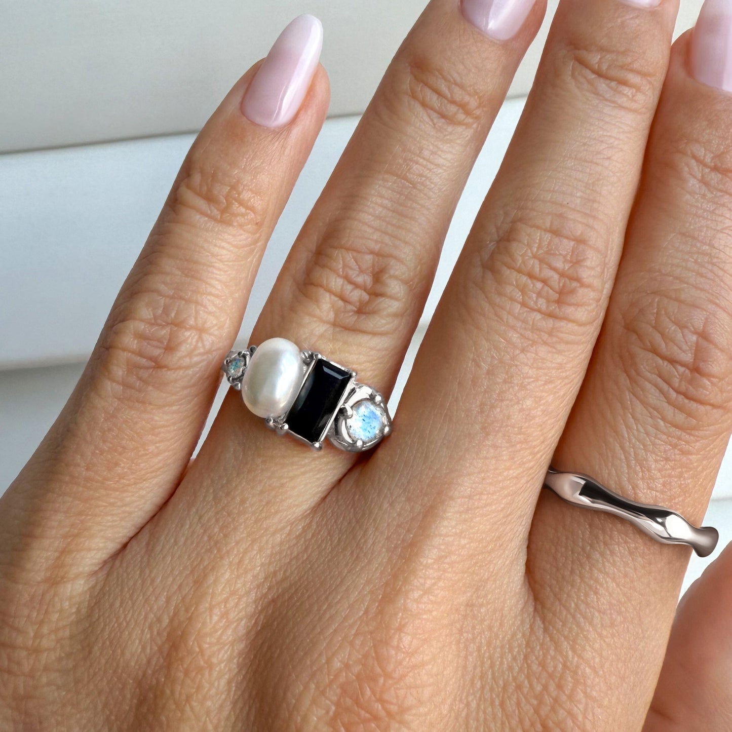 Black Obsidian Treasure & Magma Rings - silver worn
