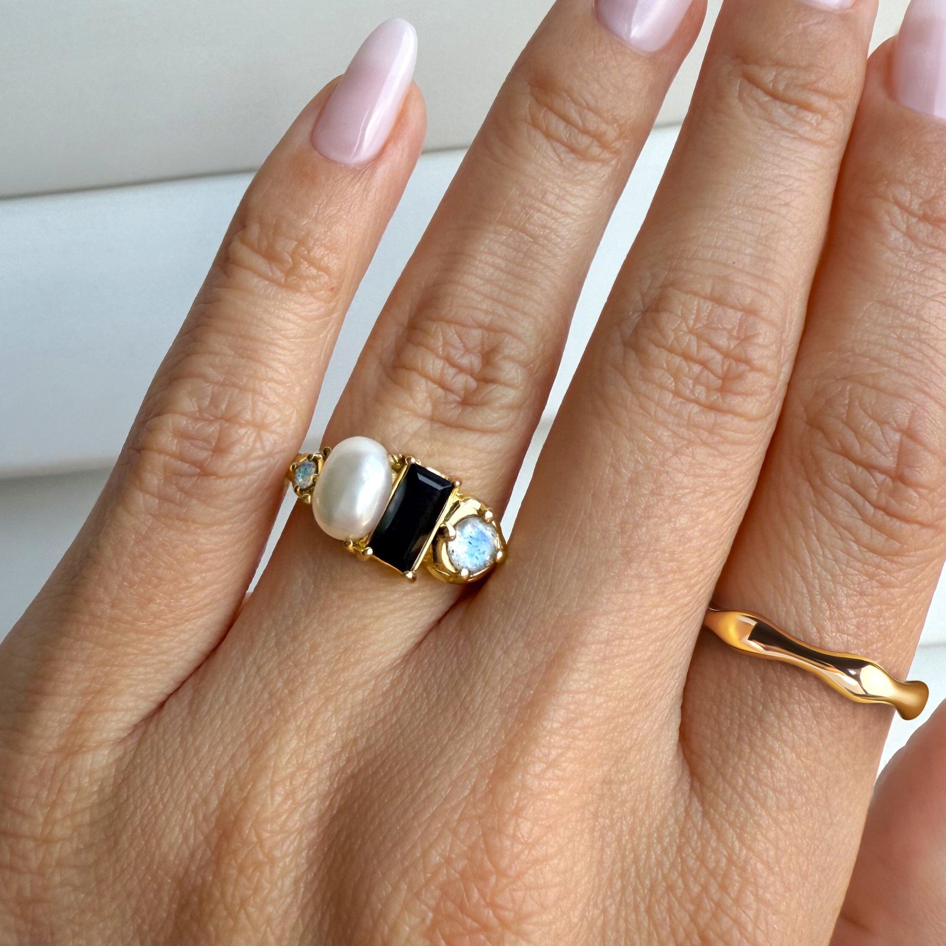Black Obsidian Treasure & Magma Rings - gold worn
