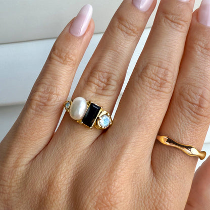 Black Obsidian Treasure & Magma Rings - gold worn
