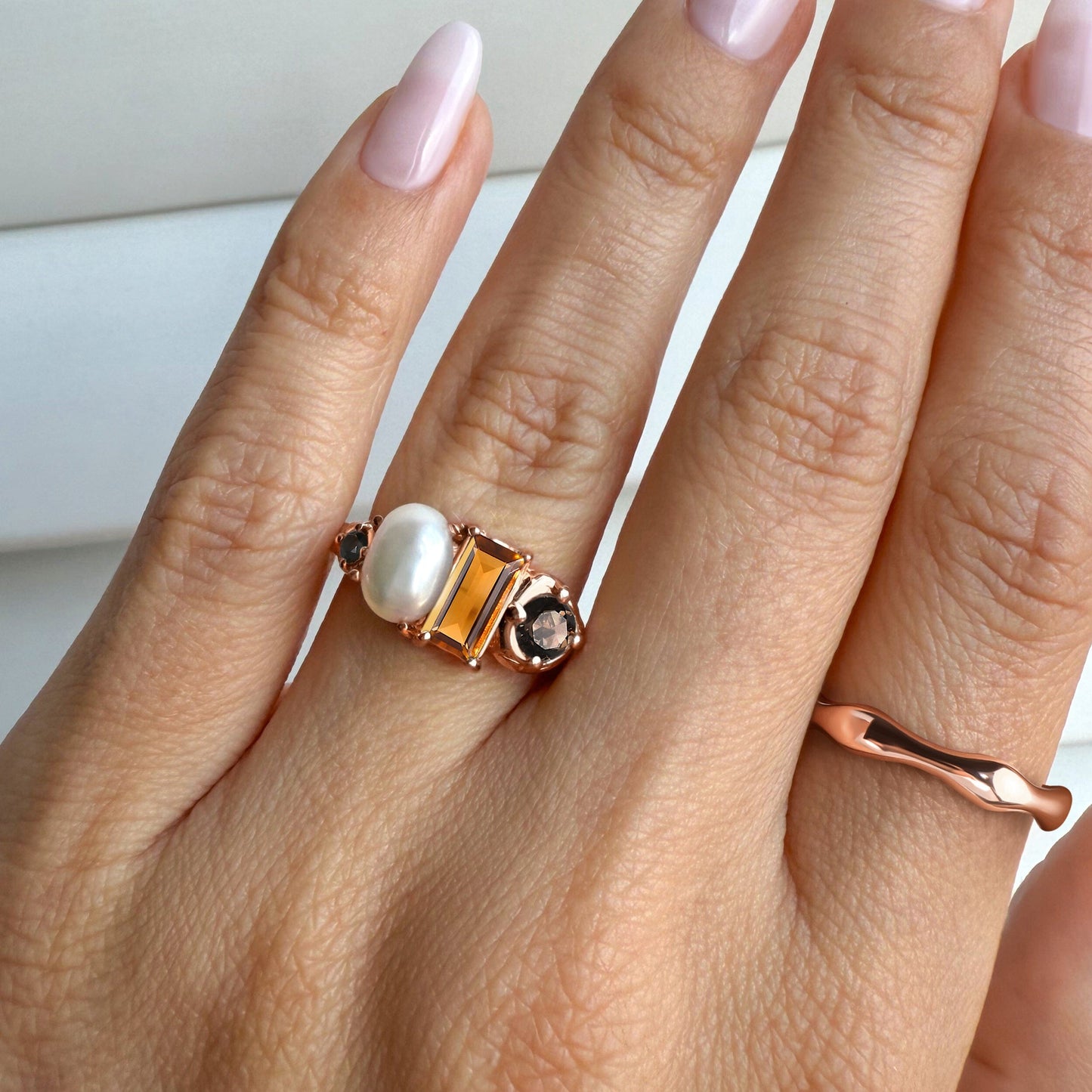 Citrine Pearl Treasure Magma Ring - rose gold model