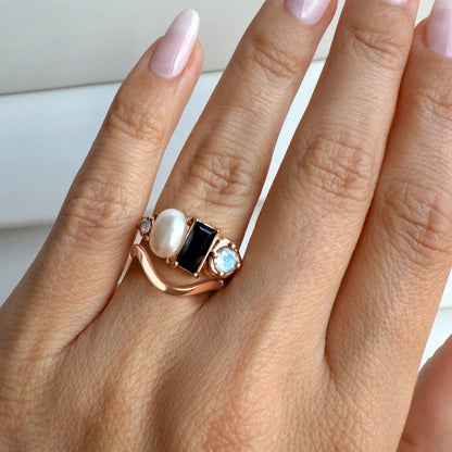 Black Obsidian Treasure & Waves Rings - rose gold worn