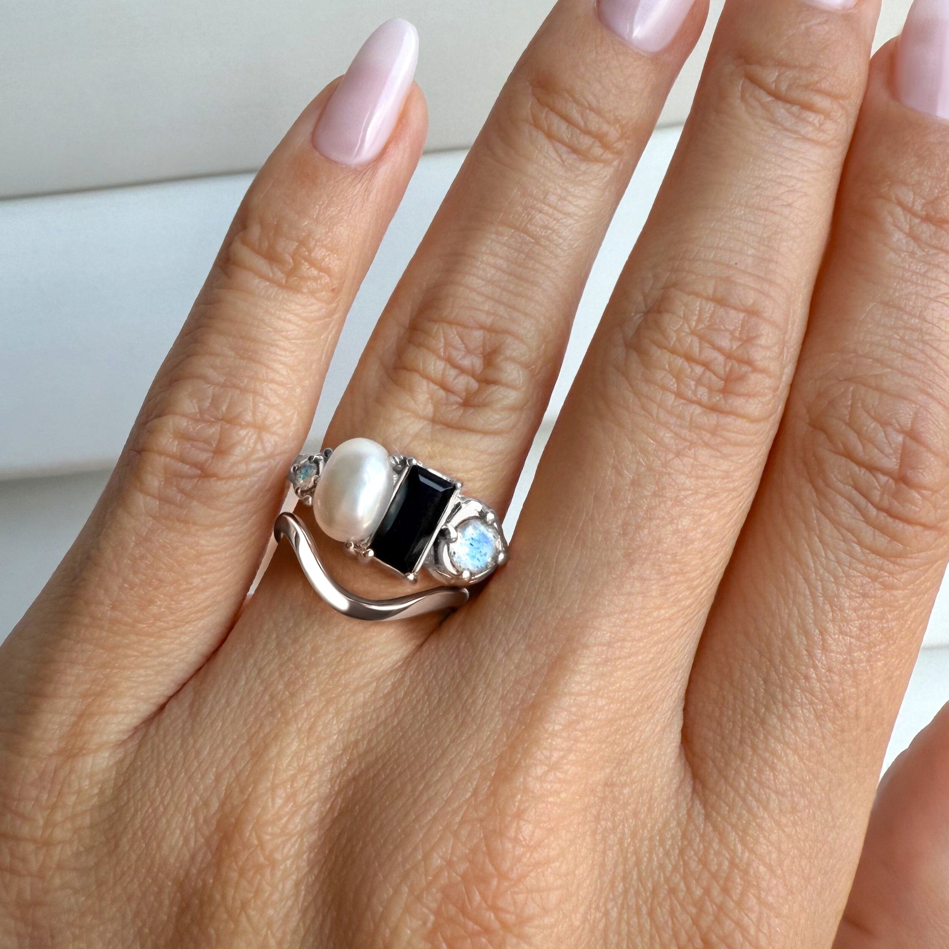 Black Obsidian Treasure & Waves Rings - silver worn