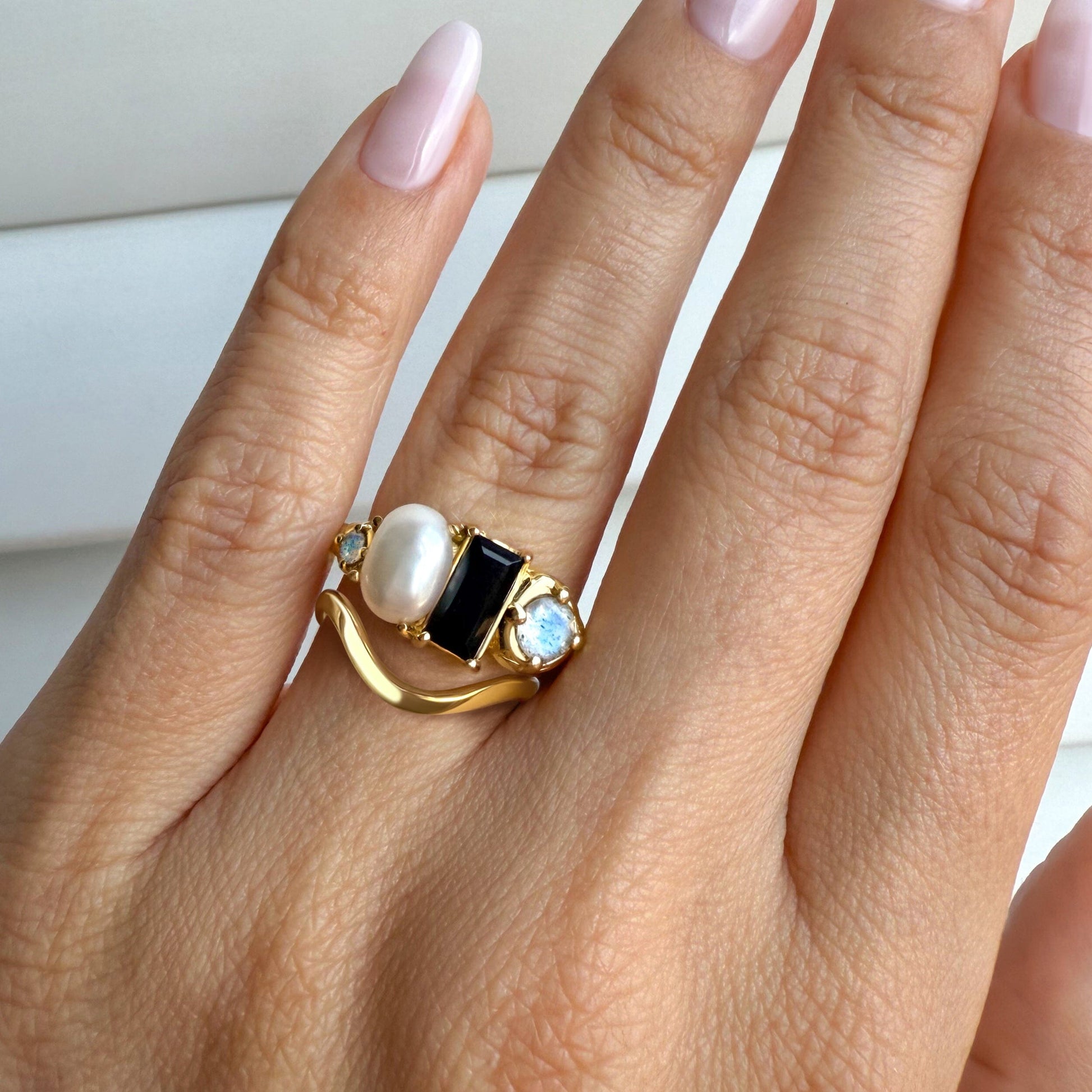 Black Obsidian Treasure & Waves Rings - gold worn