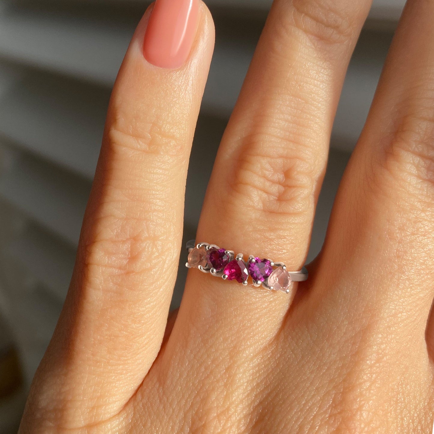 Rose Quartz Rhodolite Ring - Crush, silver on hand