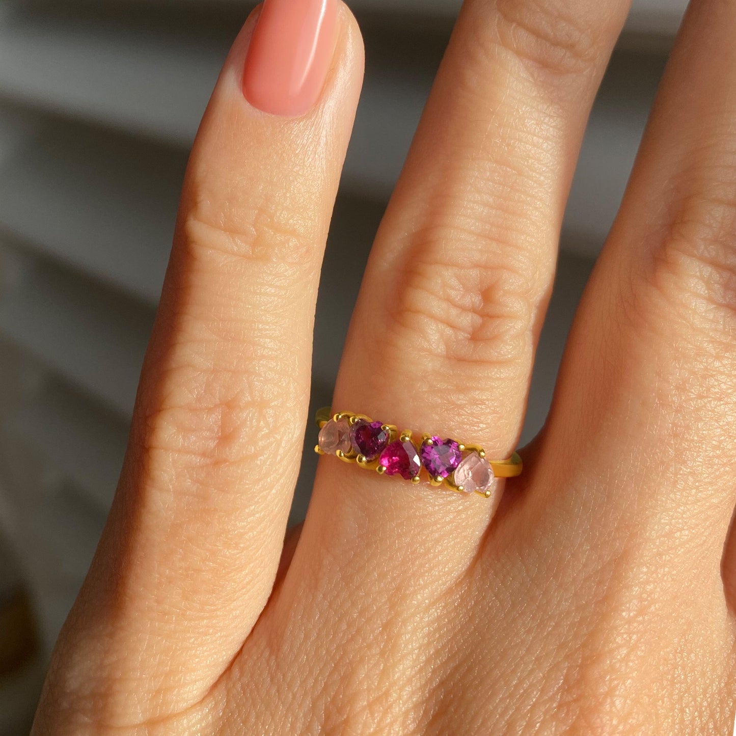 Rose Quartz Rhodolite Ring - Crush, yellow gold on hand