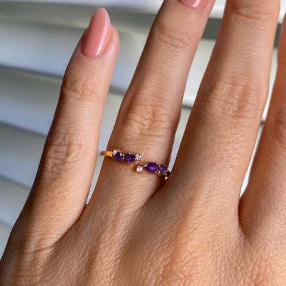 Adjustable Amethyst Ring Flourish - yellow gold on hand