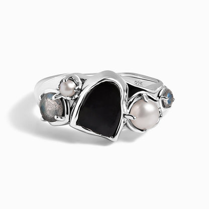 Black Obsidian Pearl Ring - Heirloom - silver