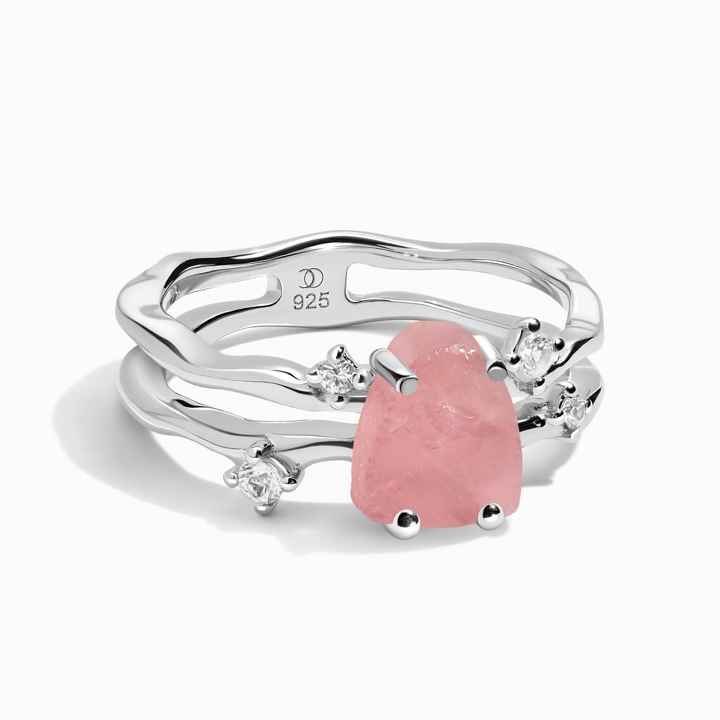 Rose Quartz Raw Crystal Ring - Flow, silver