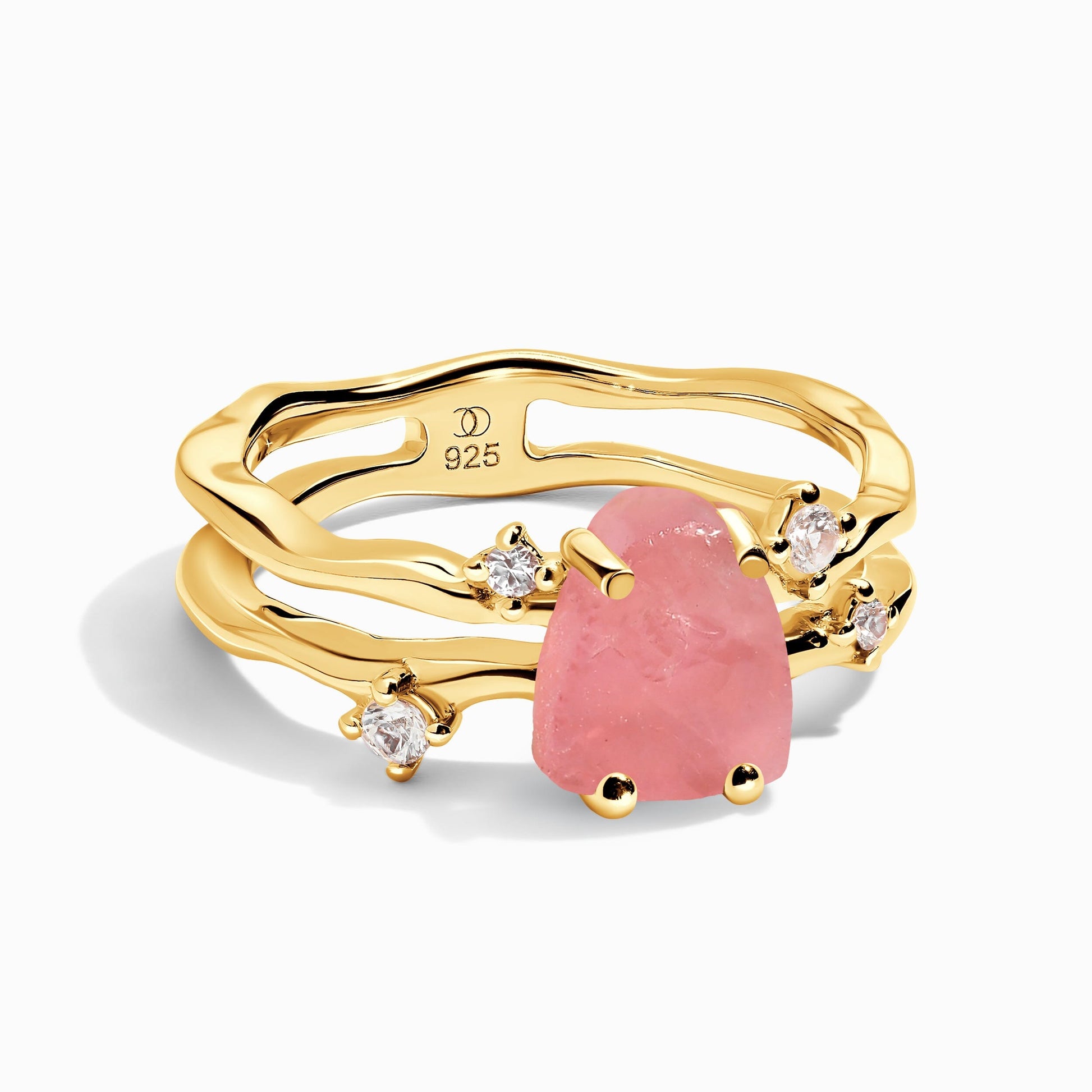 Rose Quartz Raw Crystal Ring - Flow, yellow gold