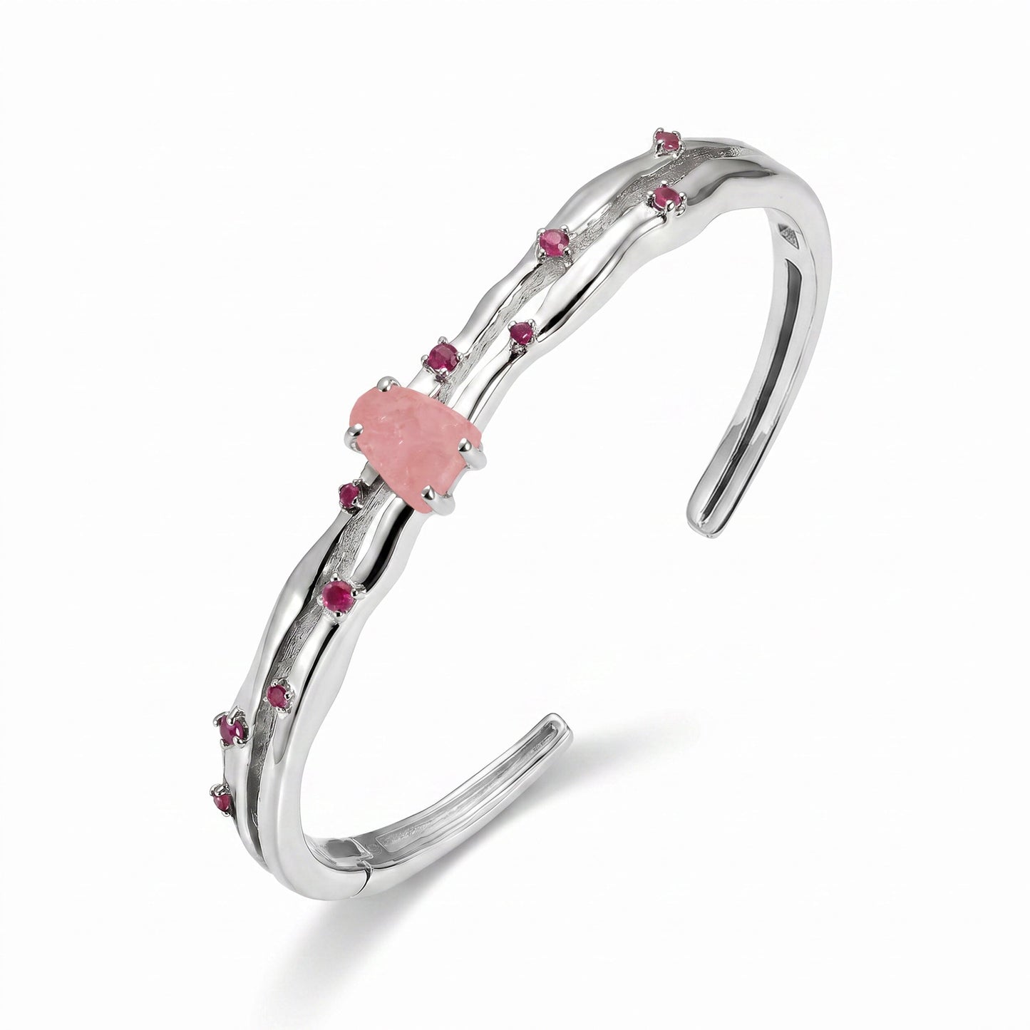 Rose Quartz Cuff - Flow - white rhodium
