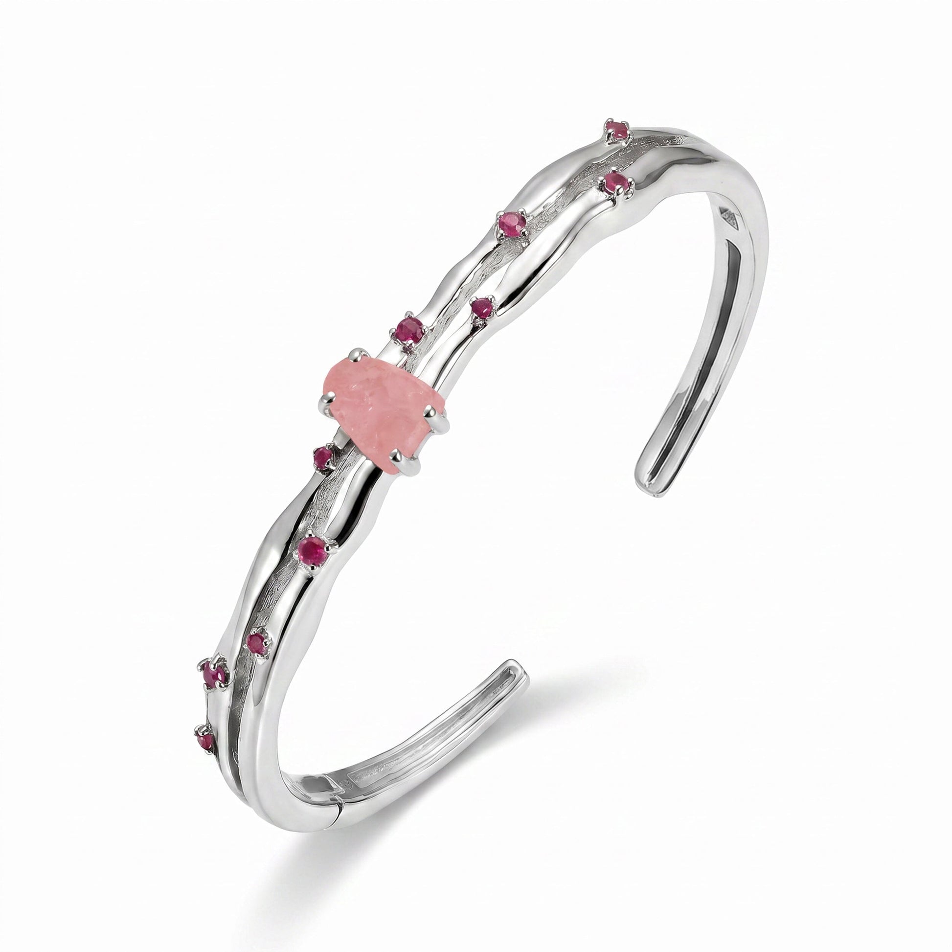 Rose Quartz Cuff - Flow - white rhodium