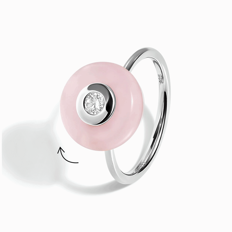 Rose Quartz Fidget Ring - Ora, silver spinning