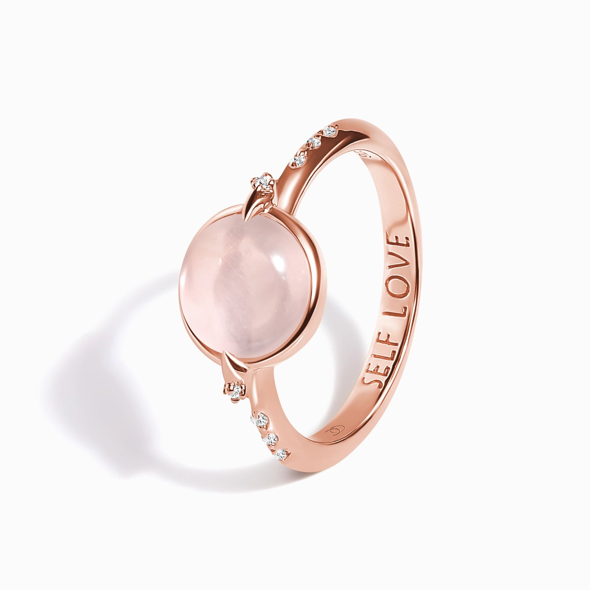Rose Quartz Energy Ring - Self-Love Engraved, rose gold angle