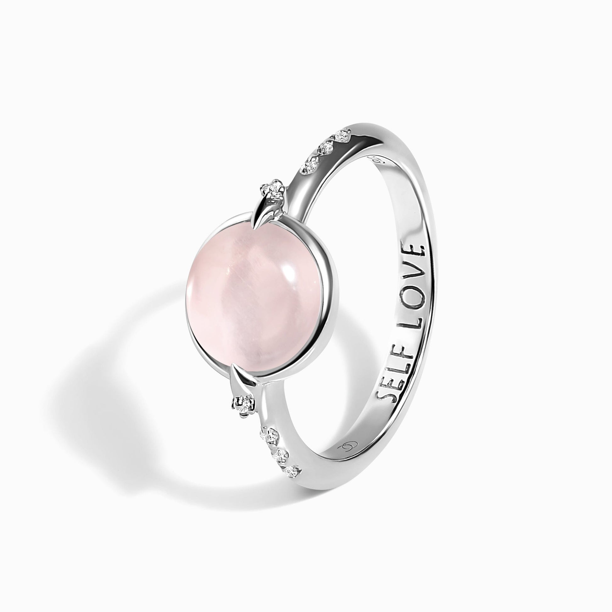 Rose Quartz Energy Ring - Self-Love Engraved, silver angle