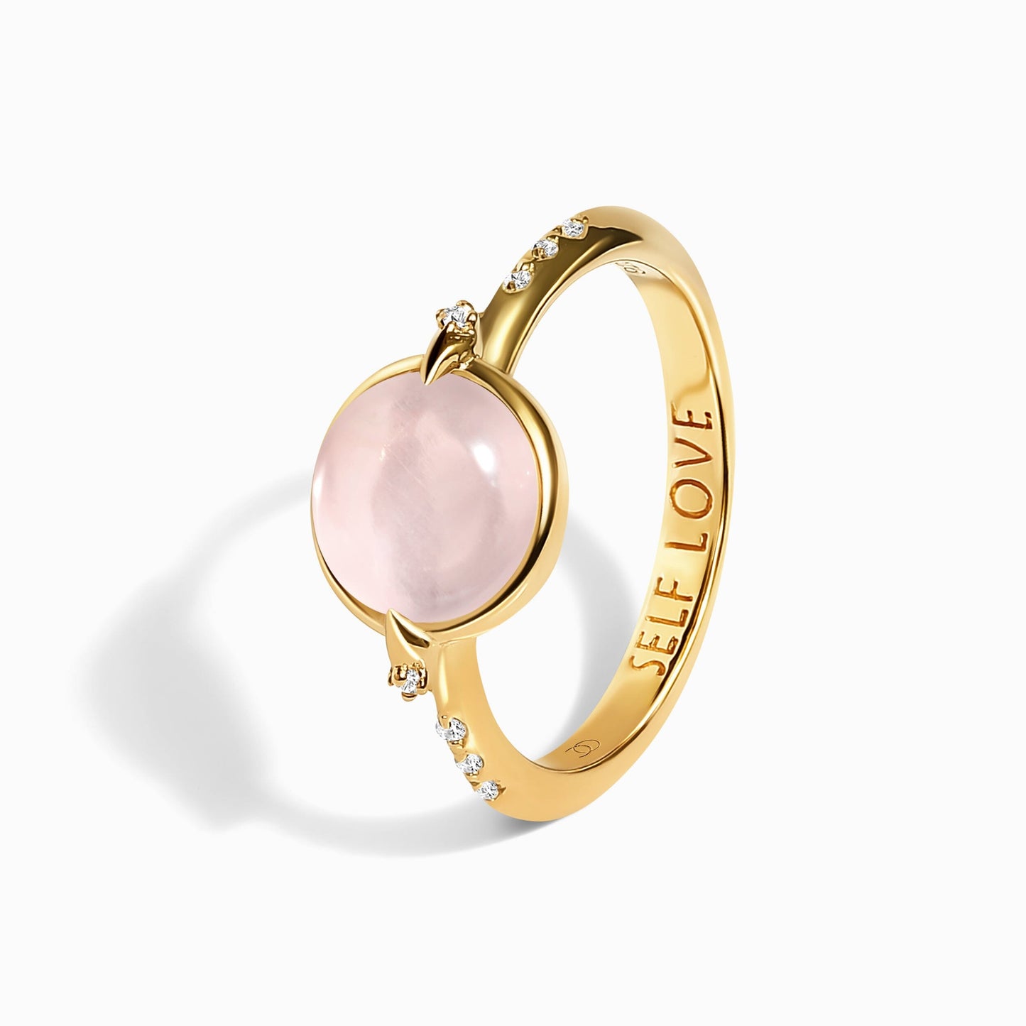 Rose Quartz Energy Ring - Self-Love Engraved, yellow gold angle