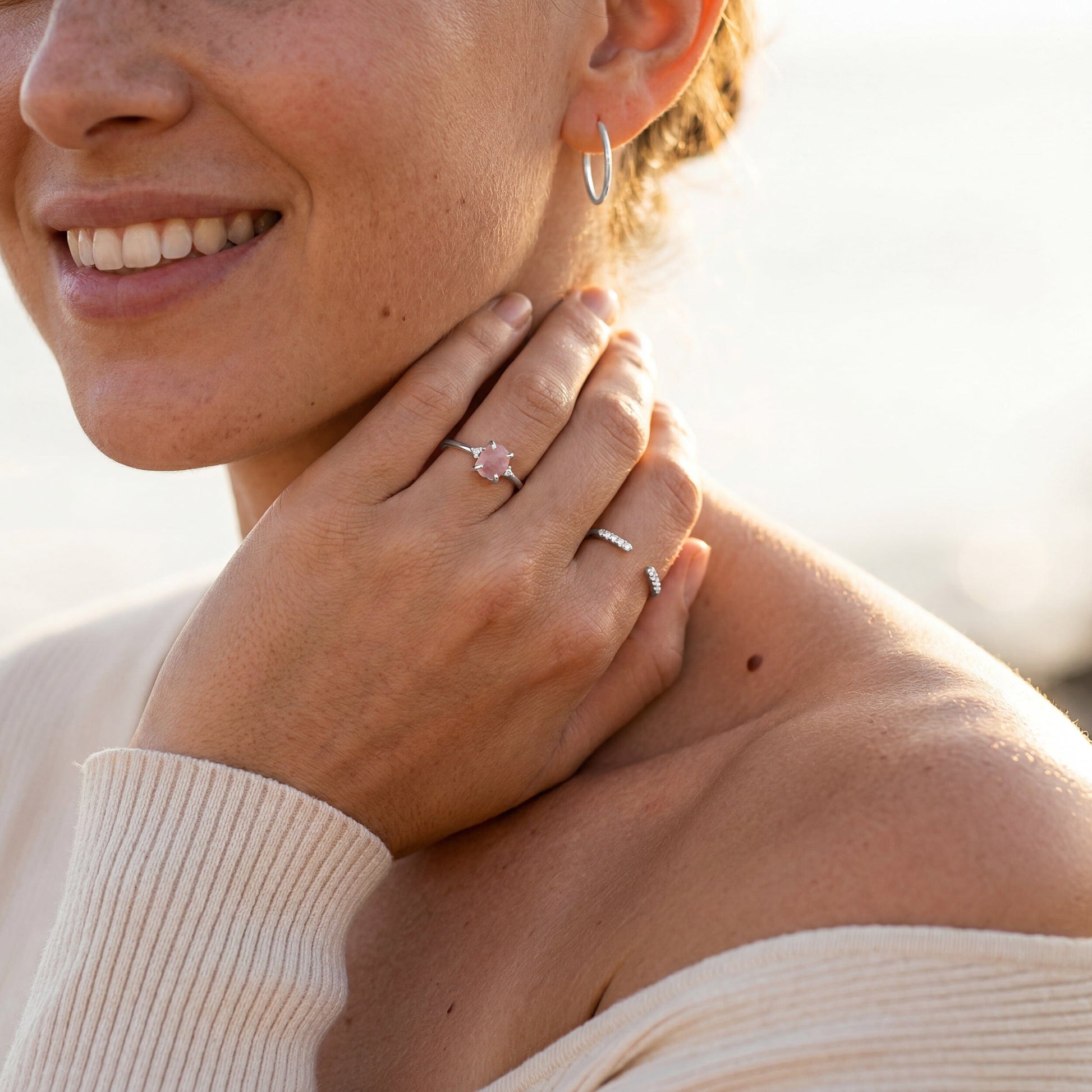 Rose Quartz Ring - Petite Raw Allure, silver close up
