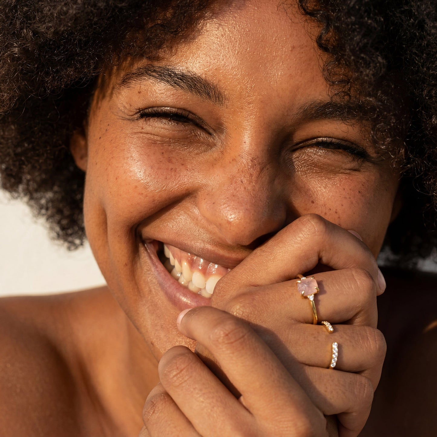 Rose Quartz Ring - Petite Raw Allure, yellow gold close up