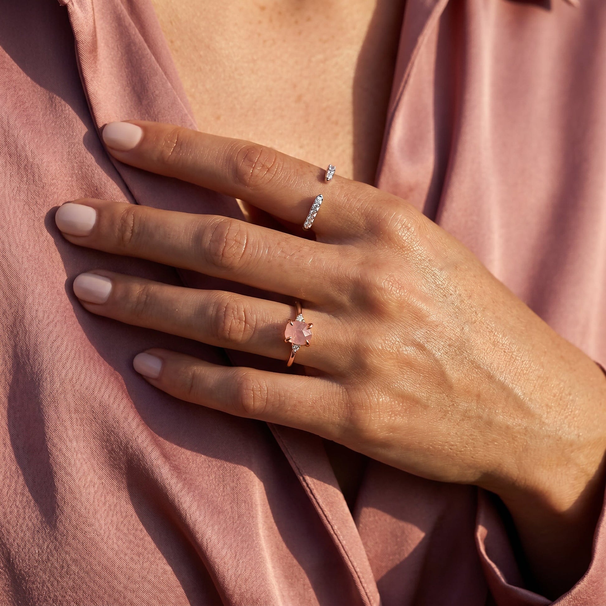 Rose Quartz Ring - Petite Raw Allure, rose gold detail
