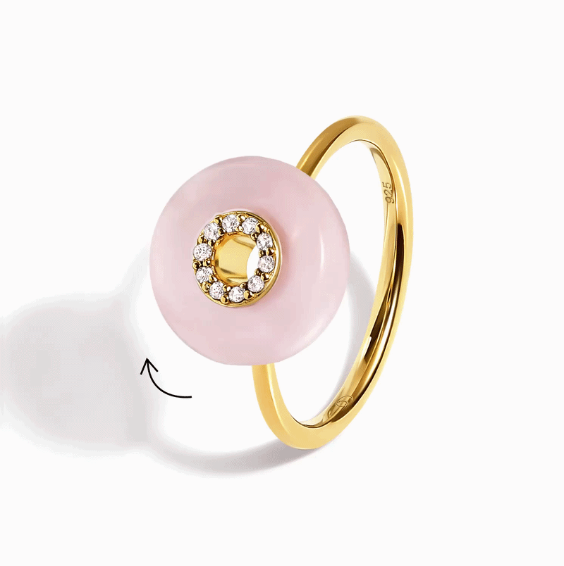 Rose Quartz Fidget Ring - Liora, yellow gold spinning