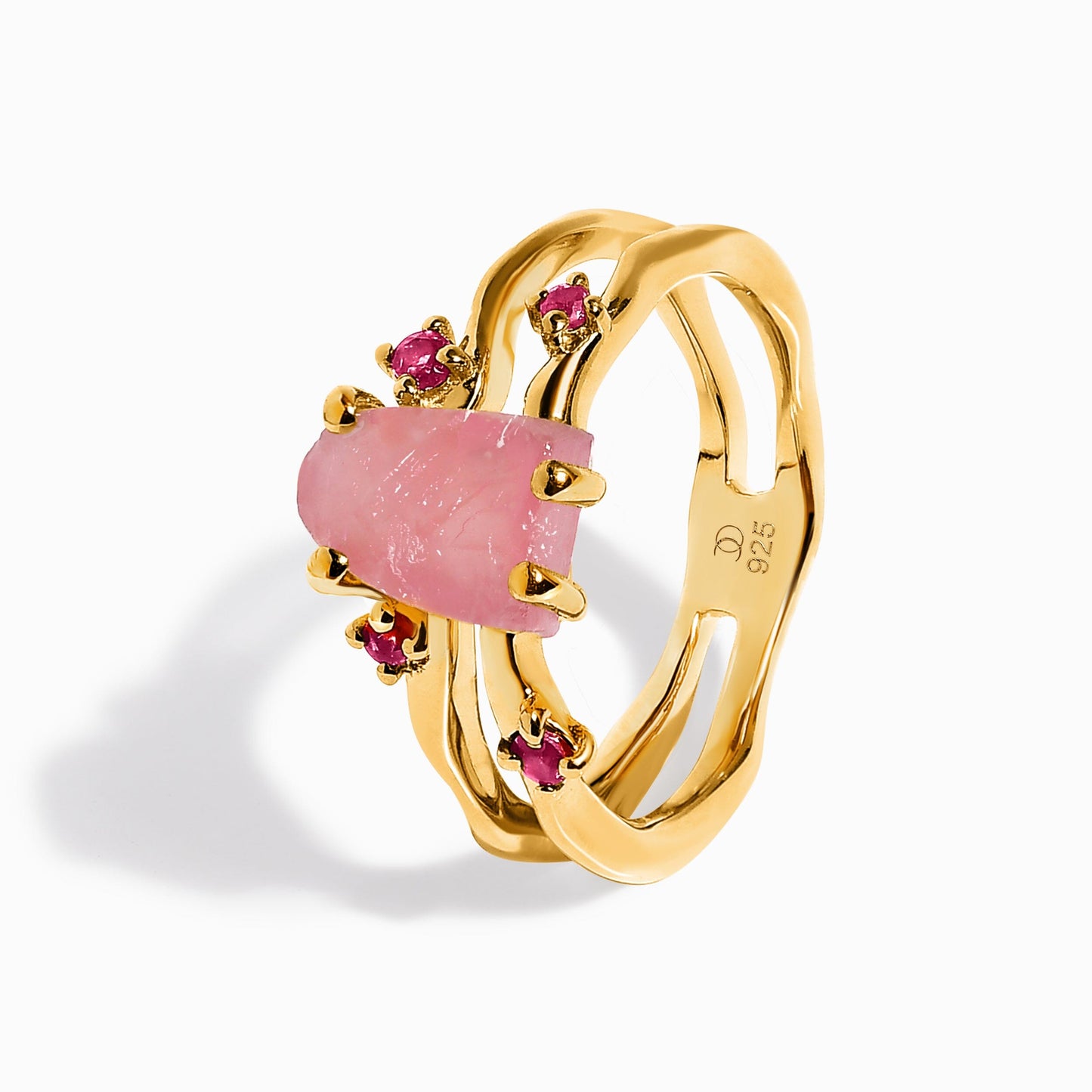 Rose Quartz Ruby Ring - Flow, yellow gold angle