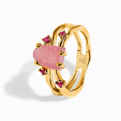 Rose Quartz Flow & Ruby Stardust & Waves Rings, yellow gold angle
