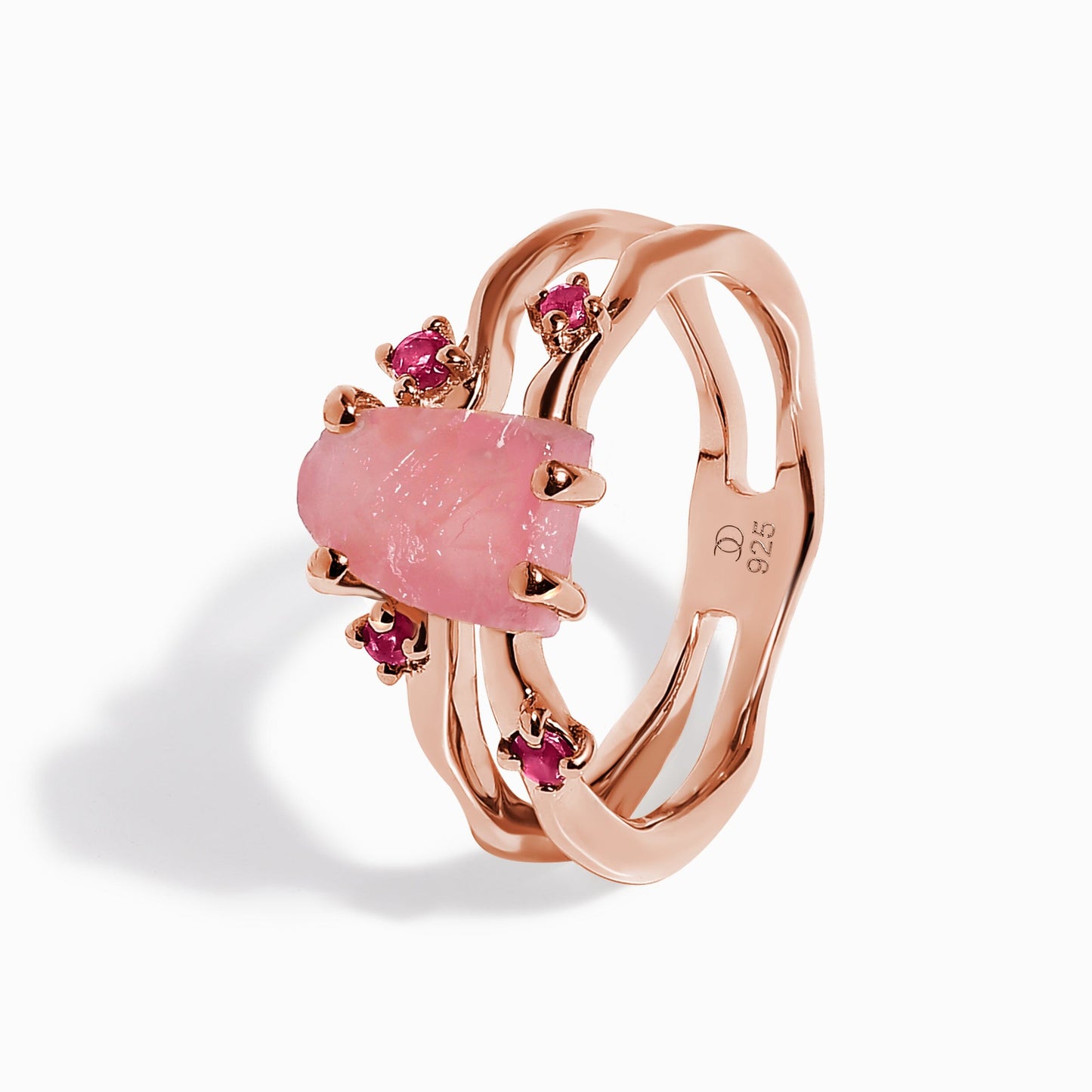 Rose Quartz Flow & Ruby Stardust Rings, rose gold angle
